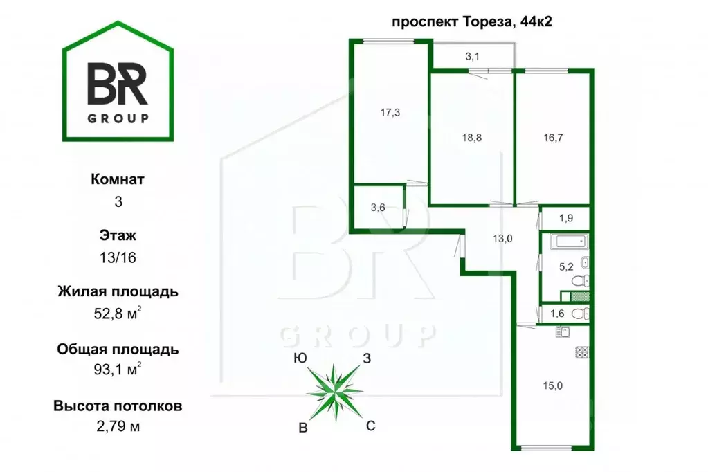3-к кв. Санкт-Петербург просп. Тореза, 44к2 (93.1 м) - Фото 1