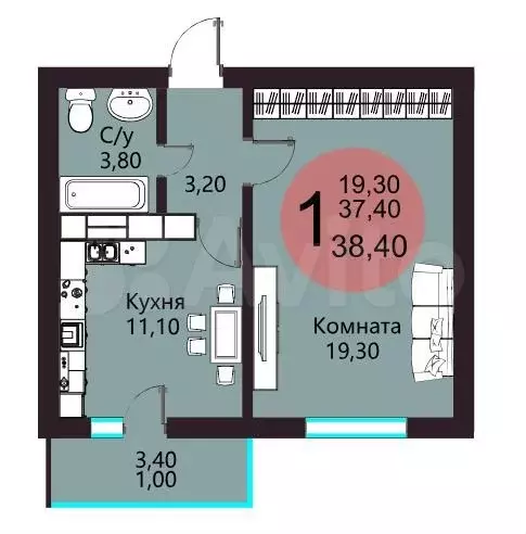 1-к. квартира, 38,4 м, 10/10 эт. - Фото 0