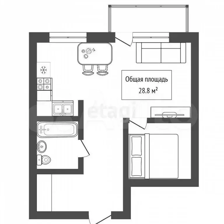 Квартира-студия, 28,8 м, 5/5 эт. - Фото 0