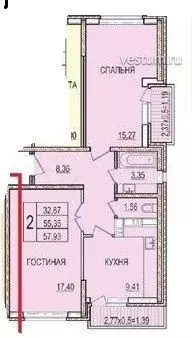 2-к. квартира, 56,1 м, 8/17 эт. - Фото 0