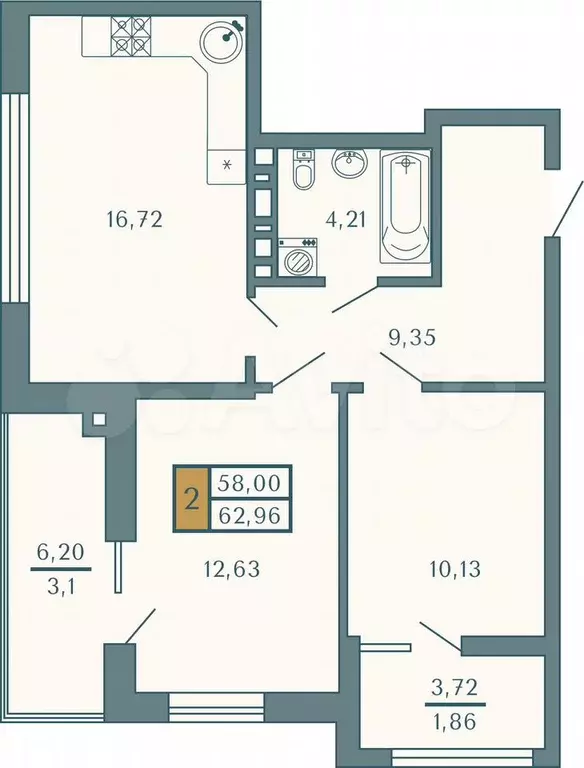 2-к. квартира, 63 м, 5/9 эт. - Фото 0