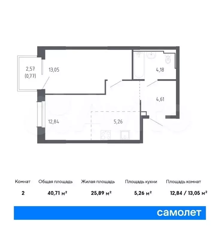 2-к. квартира, 40,7м, 20/24эт. - Фото 0