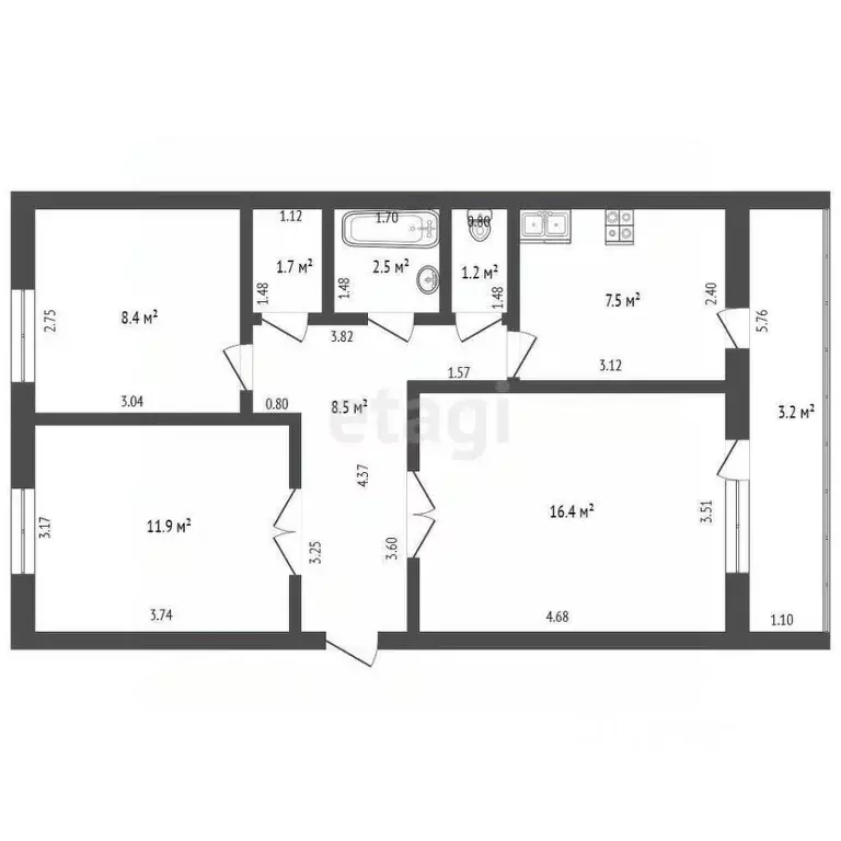 3-к кв. Башкортостан, Стерлитамак ул. Щербакова, 10 (58.1 м) - Фото 2