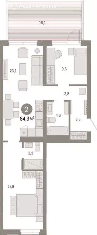2-комнатная квартира: Тюмень, Ленинский округ (84.3 м) - Фото 1