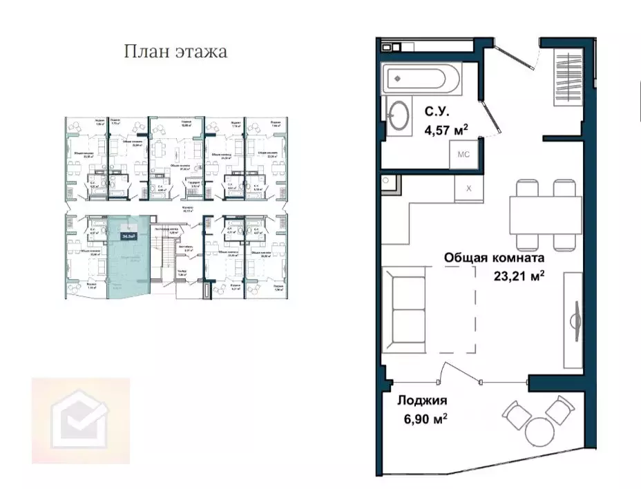 Студия Севастополь ул. Летчиков, 11/7-7 (34.2 м) - Фото 1