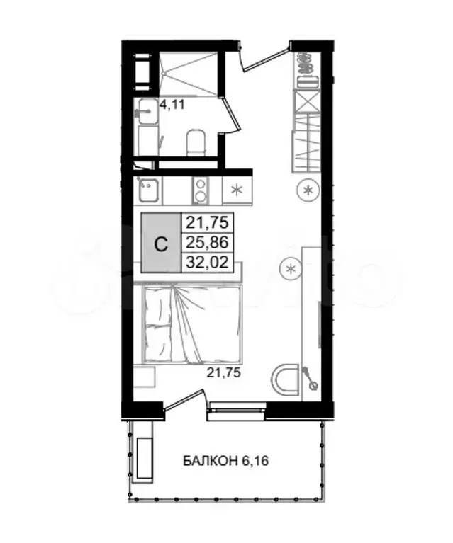 Апартаменты-студия, 32,1 м, 6/8 эт. - Фото 1