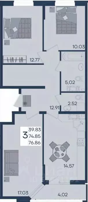3-к кв. Краснодарский край, Краснодар  (76.86 м) - Фото 1