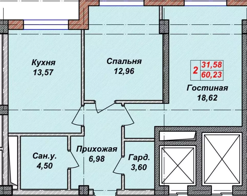 2-комнатная квартира: Нальчик, Профсоюзная улица, 210 (60.23 м) - Фото 1