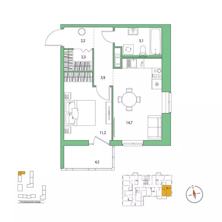 1-комнатная квартира: городской посёлок Янино-1, ЖК Янинский Лес (40.7 ... - Фото 1