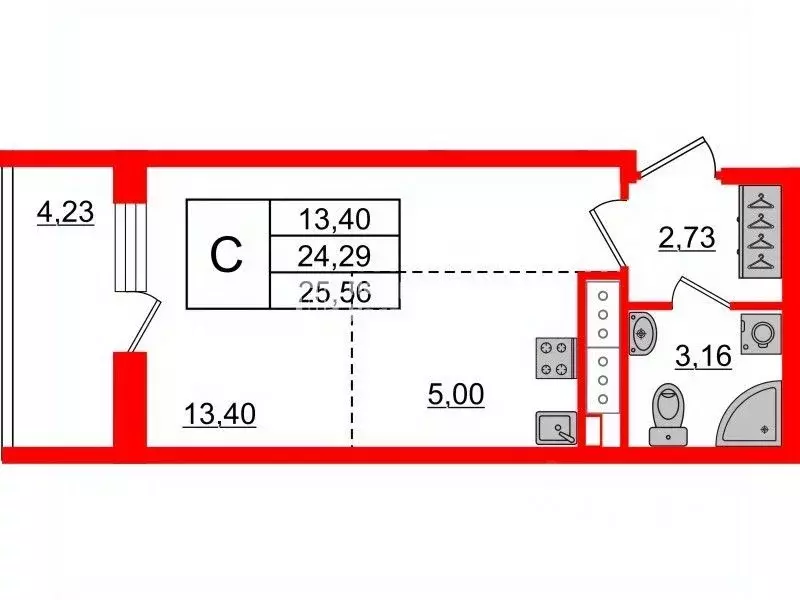 Студия Санкт-Петербург Октябрьская наб., 34к4 (24.29 м) - Фото 1