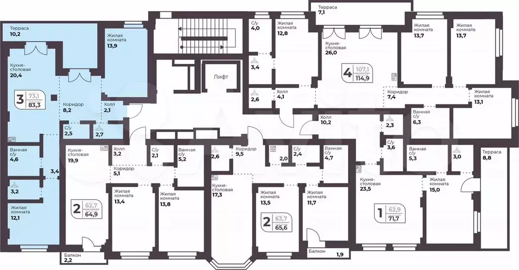2-к. квартира, 73,1 м, 8/9 эт. - Фото 1