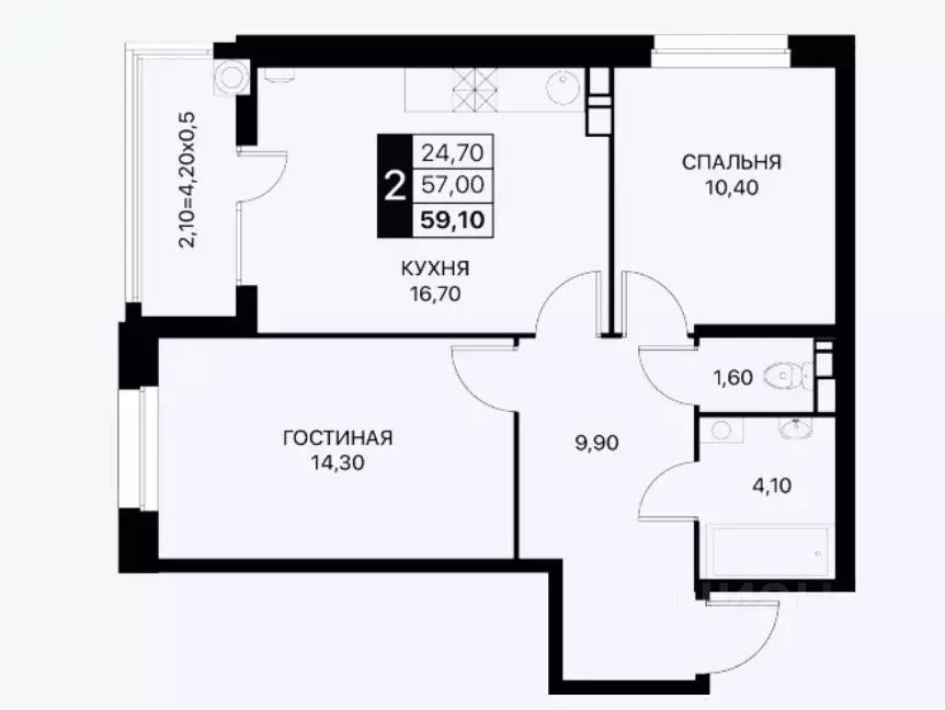 2-к кв. Ростовская область, Ростов-на-Дону ул. Берберовская, 9с2 (58.9 ... - Фото 0