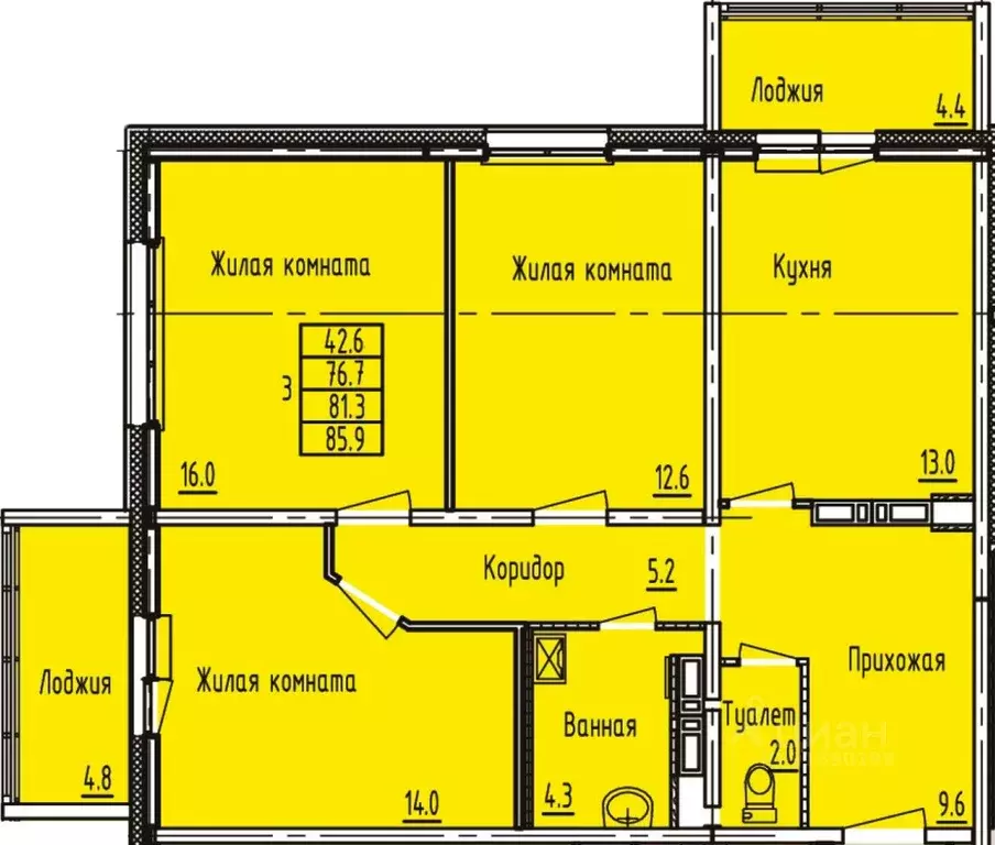 3-к кв. Татарстан, Зеленодольск Мирный мкр,  (85.9 м) - Фото 0