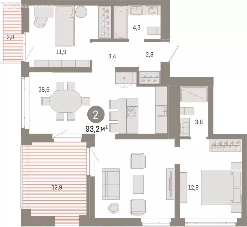 2-комнатная квартира: Тюмень, улица Республики, 205к3 (93.18 м) - Фото 1