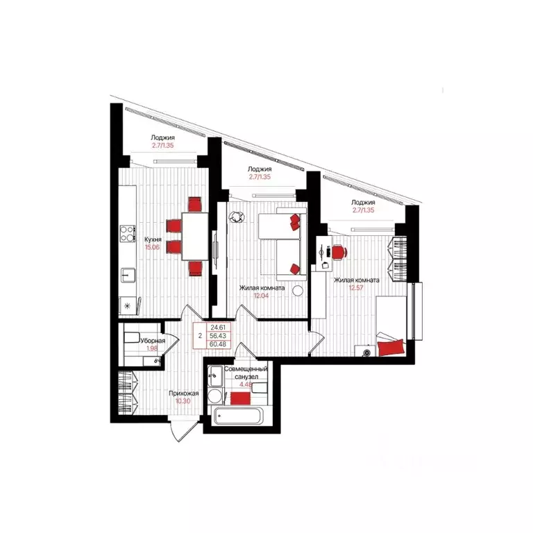 2-к кв. Татарстан, Казань Лето жилой комплекс (60.48 м) - Фото 1