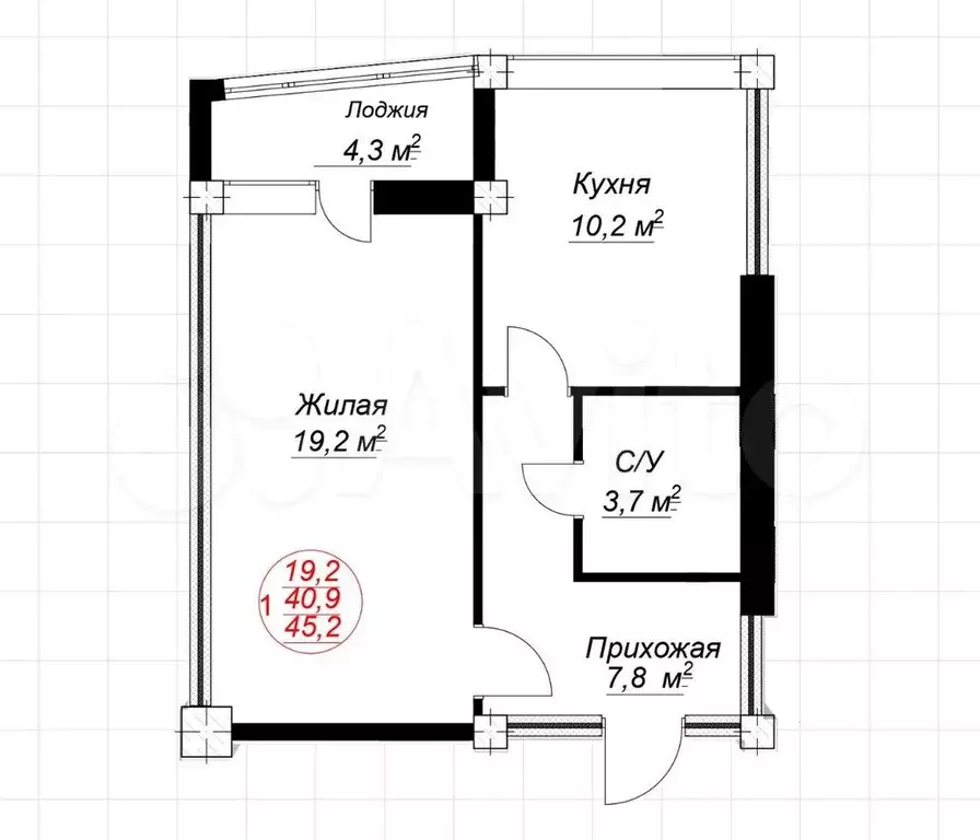 1-к. квартира, 45,2 м, 8/9 эт. - Фото 0