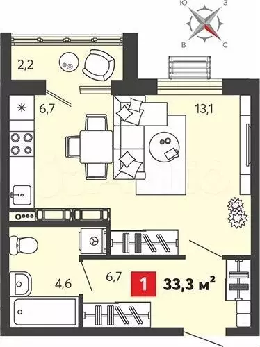 Квартира-студия, 33,3 м, 1/16 эт. - Фото 0