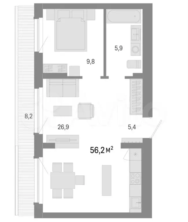 2-к. квартира, 56,2 м, 8/9 эт. - Фото 0