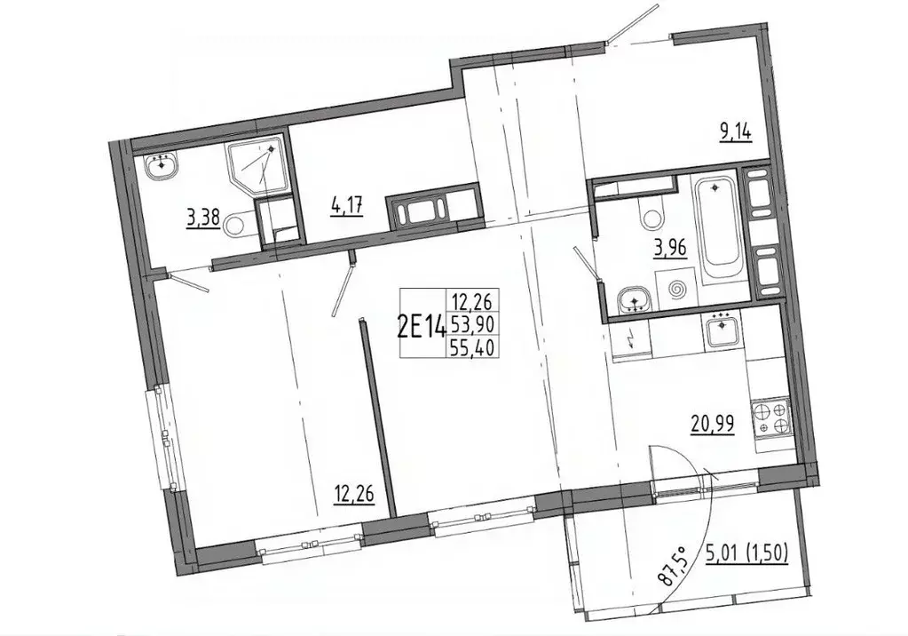 2-к кв. Санкт-Петербург наб. Реки Каменки, 11к1 (51.0 м) - Фото 1