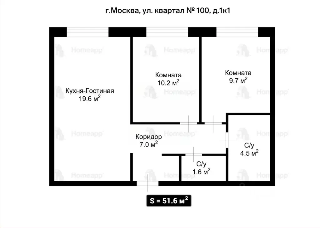 2-к кв. Москва № 100 кв-л, 1к1 (51.6 м) - Фото 2
