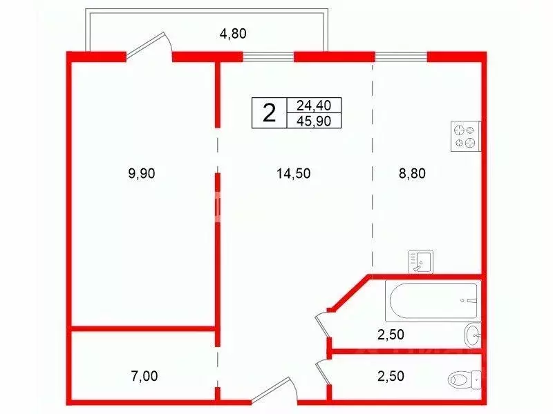 Квартира, 2 комнаты, 45.9 м - Фото 0