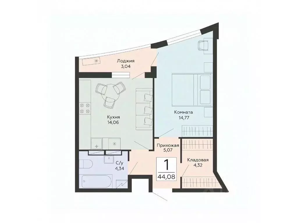 1-к кв. Воронежская область, Воронеж ул. Туполева, 5Н (44.08 м) - Фото 1