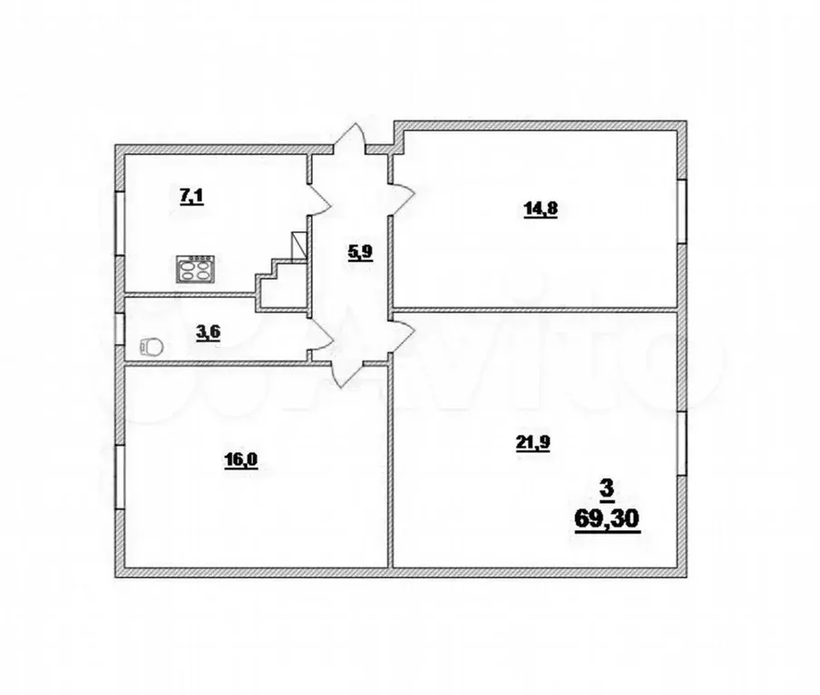 3-к. квартира, 69,3 м, 1/3 эт. - Фото 0