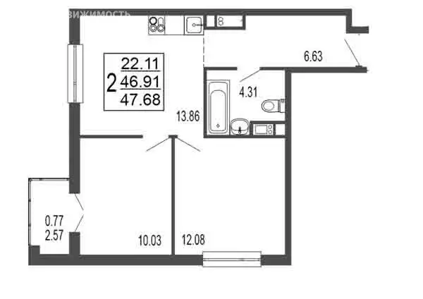 2-комнатная квартира: Лыткарино, 6-й микрорайон, 15Д (46.91 м) - Фото 1