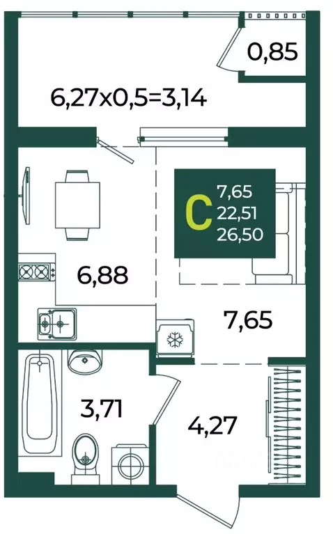 Студия Краснодарский край, Краснодар Образцово мкр,  (26.5 м) - Фото 1