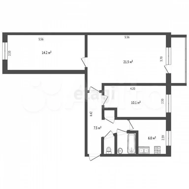 3-к. квартира, 62,4 м, 3/5 эт. - Фото 1