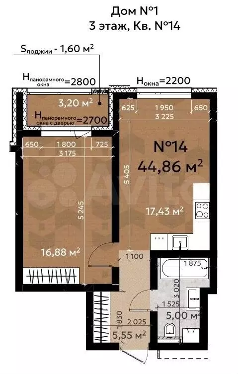 2-к. квартира, 46,5 м, 3/4 эт. - Фото 0