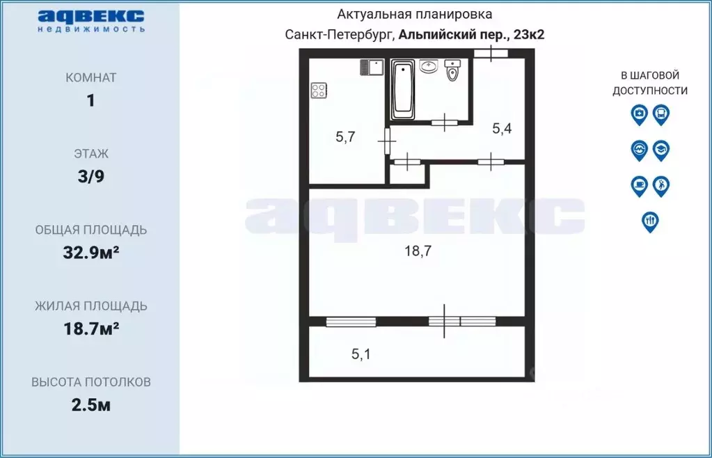 1-к кв. Санкт-Петербург Альпийский пер., 23К2 (32.9 м) - Фото 2