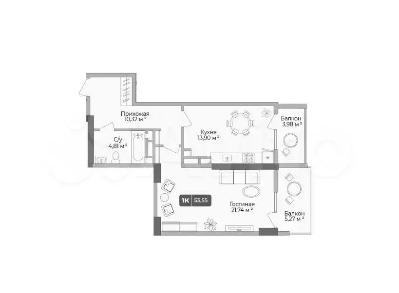 1-к. квартира, 53,6 м, 12/17 эт. - Фото 1