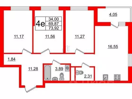 Квартира, 3 комнаты, 69.87 м - Фото 0