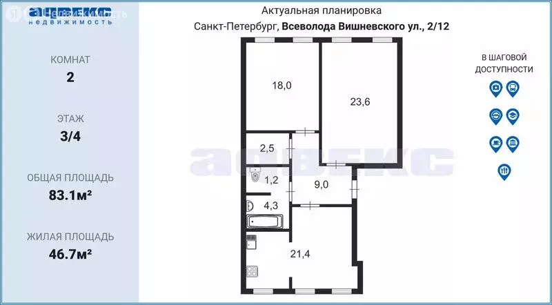 2-комнатная квартира: Санкт-Петербург, улица Всеволода Вишневского, ... - Фото 1