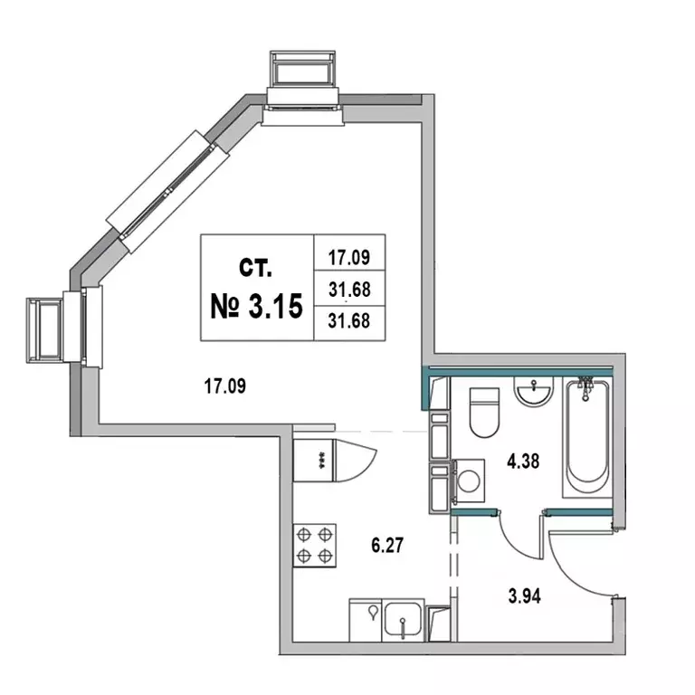Студия Ленинградская область, Выборг ул. 2-я Южная, 4 (31.68 м) - Фото 1