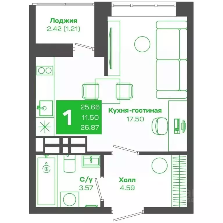 Студия Приморский край, Владивосток ул. Нейбута (26.87 м) - Фото 0