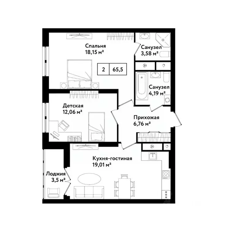 2-к кв. Тульская область, Тула ул. Седова, 26к2 (68.5 м) - Фото 0