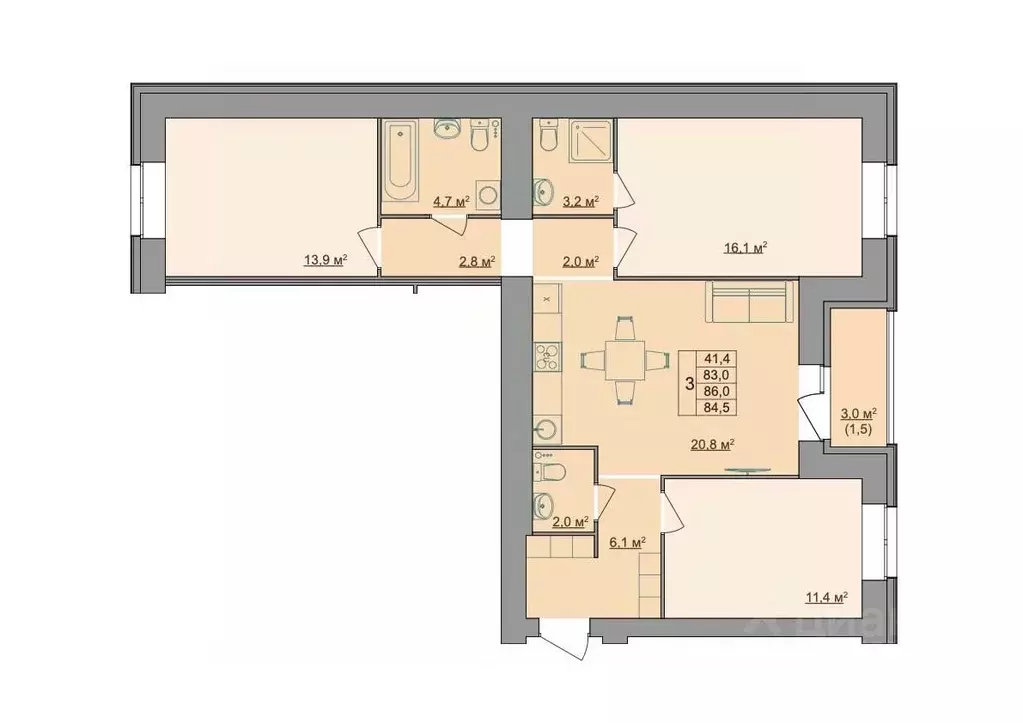 3-к кв. Костромская область, Кострома Магистральная ул., 49А (84.5 м) - Фото 1