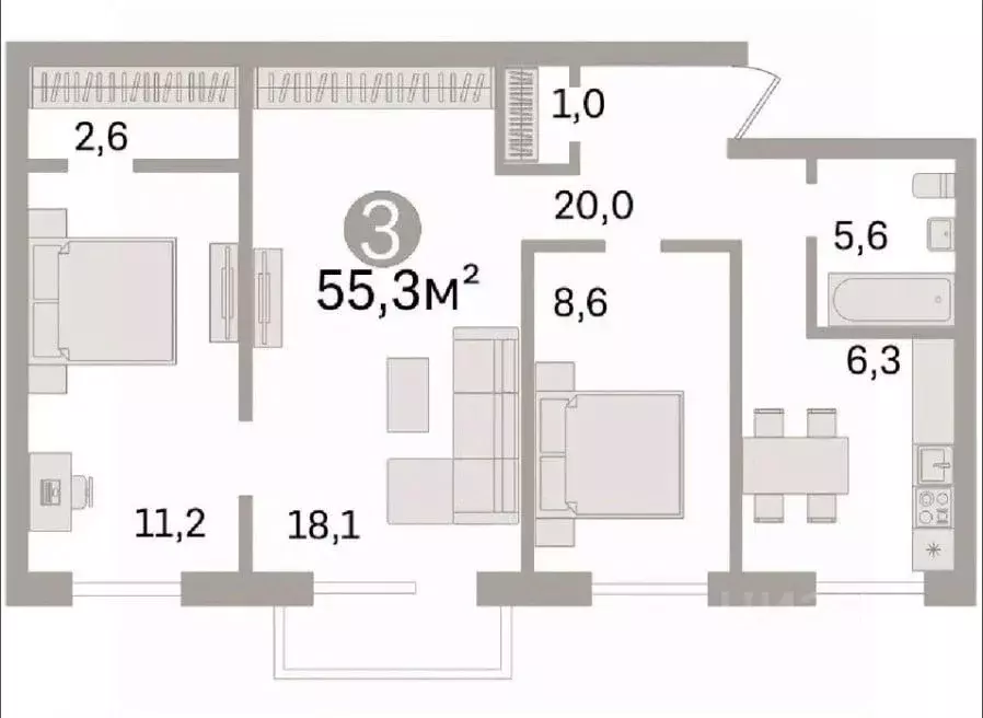 3-к кв. Омская область, Омск ул. Химиков, 10А (55.3 м) - Фото 1