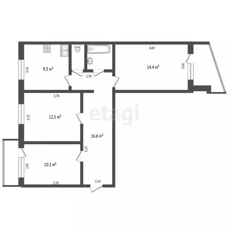 3-к кв. Вологодская область, Череповец ул. Партизана Окинина, 12 (67.6 ... - Фото 1