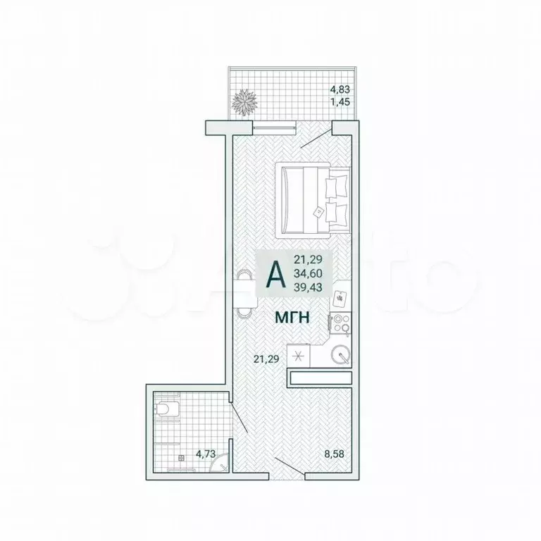 Апартаменты-студия, 39,4 м, 6/9 эт. - Фото 1