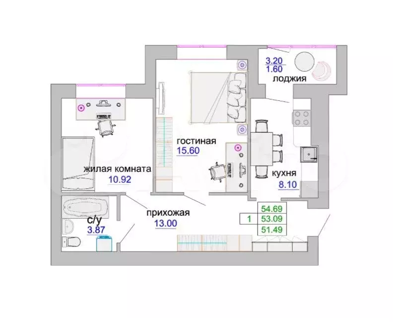2-к. квартира, 53,7 м, 1/9 эт. - Фото 0