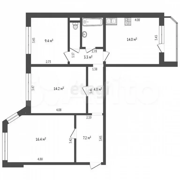 3-к. квартира, 75,1 м, 8/10 эт. - Фото 0