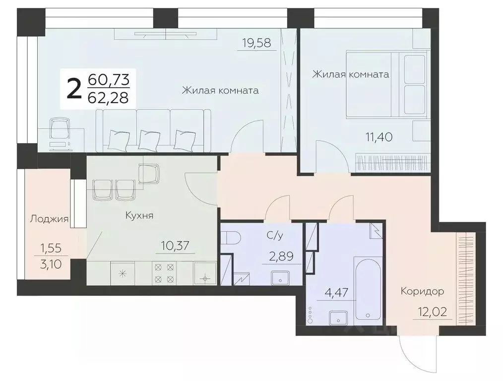 2-к кв. Воронежская область, Воронеж Ленинградская ул., 29Б (62.28 м) - Фото 0
