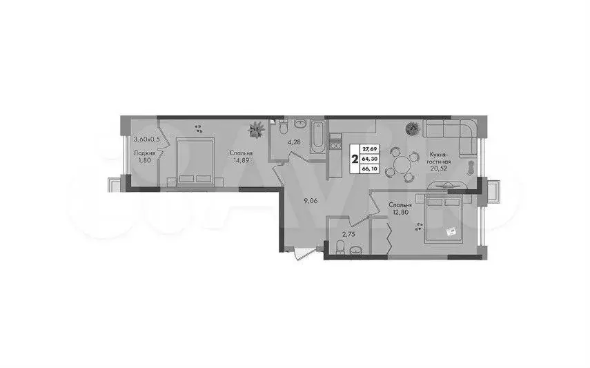 2-к. квартира, 66,1 м, 8/9 эт. - Фото 1