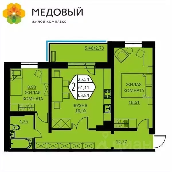2-к кв. Пермский край, д. Кондратово ул. Г.Н. Нифантова, 12 (63.84 м) - Фото 0