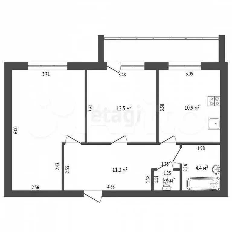 2-к. квартира, 60,1 м, 1/9 эт. - Фото 0