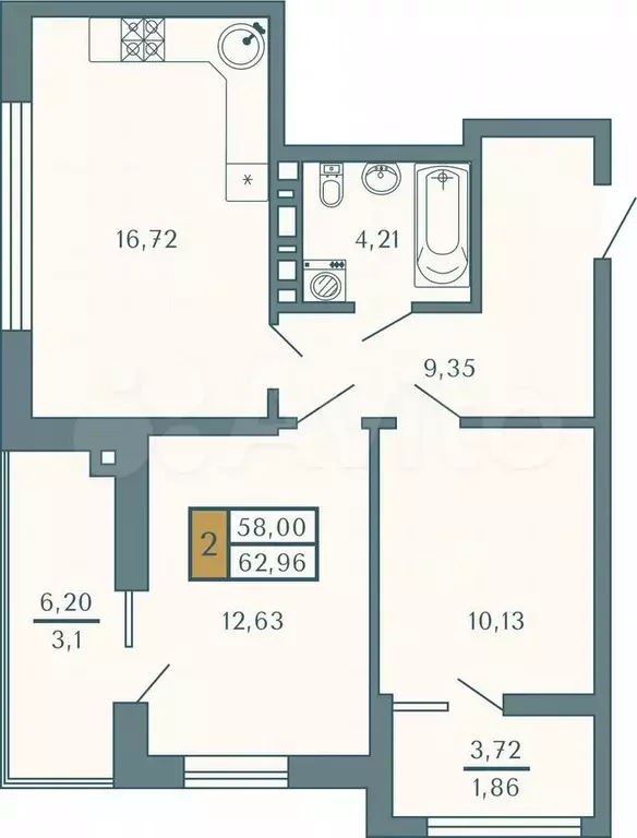 2-к. квартира, 63 м, 6/9 эт. - Фото 0