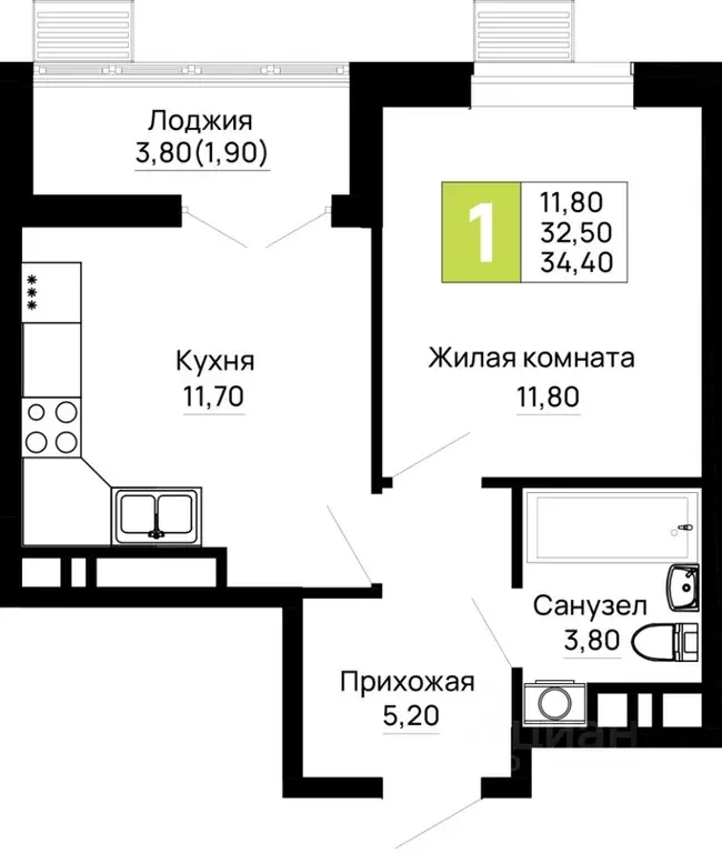 1-к кв. Адыгея, Тахтамукайский район, Яблоновский пгт  (34.4 м) - Фото 1